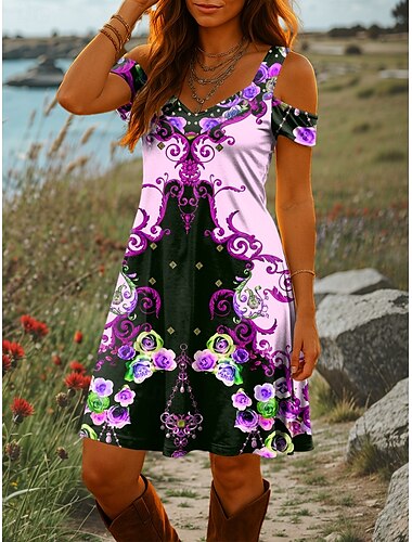  Damen Minikleid A Linie Kleid Sommerkleid Urlaub Lässig Täglich Ferien Normale Passform Blumen Grafik Stammes Kurzarm V Ausschnitt Gelb Blau Purpur Sommer