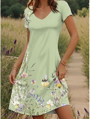  Damen Minikleid T-Shirt-Kleid Sommerkleid Urlaub Lässig Boho Täglich Ausgehen Normale Passform Blumen Grafik Kurzarm V Ausschnitt Purpur Grün Sommer