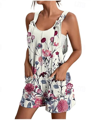  Dames Normaal Babypakje Streetwear Bloemig Mouwloos Baggy korte broek Strakke ronde hals Zak Afdrukken Straat Dagelijks Normale pasvorm Zwart Wit Geel Zomer