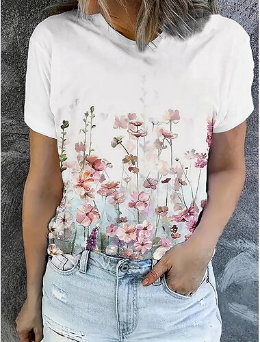  Dames T-shirt Zomer tops Bloemig Grafisch Klassiek Casual Korte mouw Strakke ronde hals Croptops Dagelijks Weekend Afdrukken Regenboog Zomer Lente Herfst