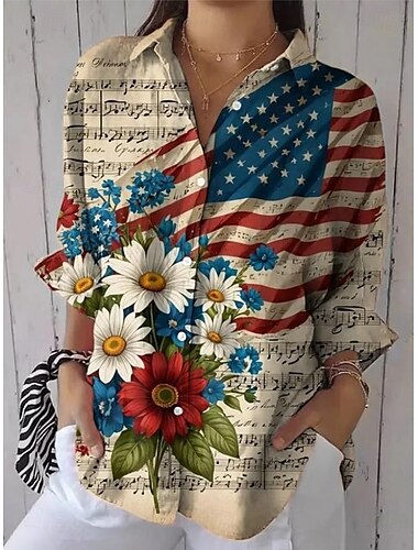  Unabhängigkeitstag Damen Patriotic Fourth of July Shirt Grafik Flagge USA Vintage Täglicher Stylish Langarm Hemd Kragen Regular Tops Arbeit Täglicher Knöpfe Druck Weiß Blau Khaki Sommer Frühling