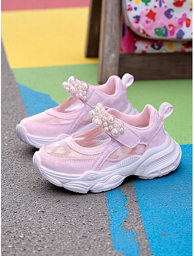  Baskets Mary Jane roses en maille pour filles avec bride en perles – sandales de sport légères et respirantes pour la rentrée scolaire, idéales pour la cour de récréation et au quotidien