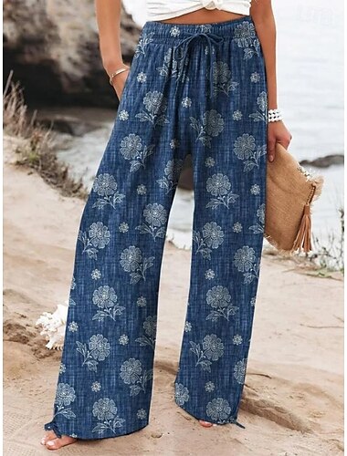  Mujer Perneras anchas Chinos Pantalones anchos Vacaciones Moda Hawaiano Longitud total Alta cintura Floral Graphic Correa Estampado Transpirable Suave Microelástico Vacaciones Calle Casual Violeta