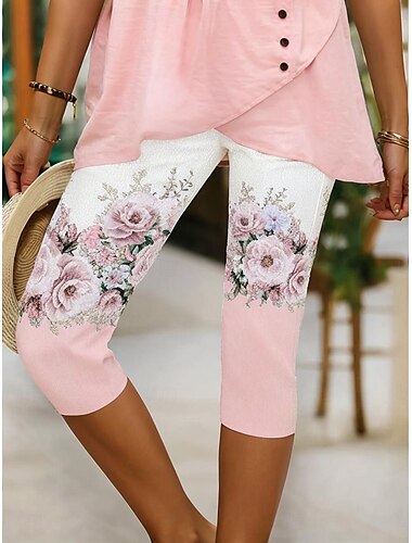  Femmes Leggings Vacances ancien Mode Longueur mollet Taille haute Fleuri Graphique Impression Respirant Doux Élastique Extérieur Vacances Décontracté Rose Claire blanc / bleu Violet Claire Ét