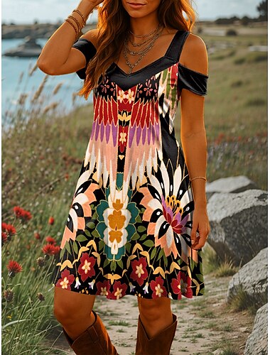  Dames Mini-jurk A lijn jurk Zomerjurk Vakantie Casual Dagelijks Feestdagen Normale pasvorm Grafisch Tribal Korte mouw V-hals Rood blauw Paars Zomer