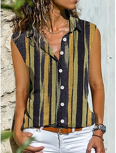  Damen Camisole-Tanktop Gestreift Täglich Lässig Ärmellos V Ausschnitt Normale Oberteile Täglich Knöpfe Druck Gelb Rote Blau Sommer Frühling