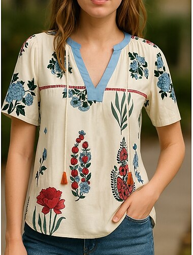  Mujer Tops de verano Floral Casual Boho Estilo playero Media Manga Escote en Pico Tops regulares Albaricoque Verano