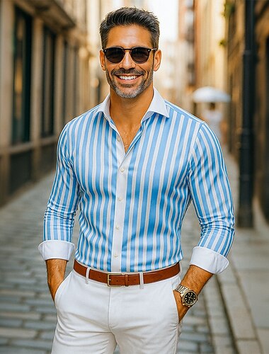  Herren Hemd Satinhemd Gestreiftes Hemd Freizeithemd Knopfhemd Gestreift Hochzeit Urlaub Blau Langarm Kragen Frühling & Herbst Bekleidung