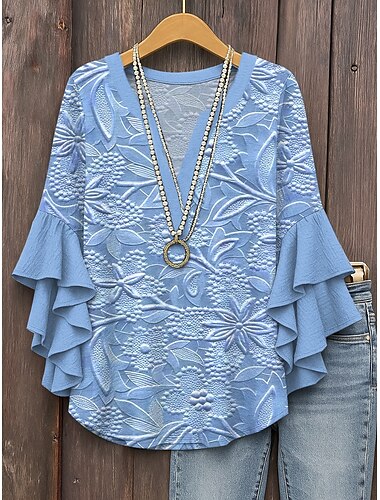  Damen Retro-Bluse mit geschichteten Rüschärmel Vintage Blumenmuster Täglich Stilvoll Leger 3/4-Ärmel V-Ausschnitt Reguläre Tops Tägliche Urlaubsferien Bekleidung Print Pink Blau Lila Khaki Sommer