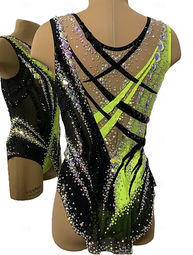  ritmische gymnastiek turnpakje dames meisjes schaatsen gymnastiek turnpakje geel duimgat halo kleuring hoge elasticiteit professionele wedstrijd schaatskleding kristal / strass mouwloos schaatsen