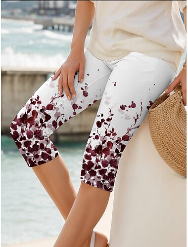  Frauen Leggings Capri Hosen Hochstretchfähigkeit Urlaub Vintage Mode Knöchellang Hohe Taille Grafische Blattdruck Thermisch Warm Atmungsaktiv Weich Dehnbar Formal Outdoor Urlaub Karmesinrot Erde