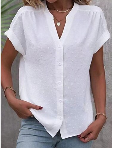  Femmes Chemise Couleur Unie Élégant Occasionnel Manche Courte Encolure en V Hauts Réguliers Quotidien Boutons Blanche Été
