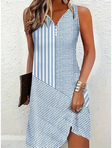  Dames Mini-jurk T shirt jurk Zomerjurk Casual Dagelijks Feestdagen Normale pasvorm Grafisch Geometrisch Gestreept Mouwloos V-hals Blozend Roze blauw Groen Grijs Zomer