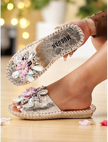  Sandales plates ornées de strass dorés pour femmes – espadrilles à enfiler en cristal floral pour les mariages d'été sur la plage et les tenues de vacances