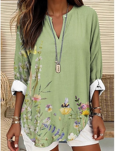  Kvinnors Blus Sommar Toppar Blommig Grafisk Vintage Tropisk Hawaiiansk Långärmad V-hals Regular Toppar Daglig Semester Strandkläder Tryck Marinblå Blå Lila Grön Beigefärgad Sommar Vår