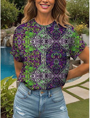  Mulheres Camiseta Floral Gráfico Plantas Boêmia Vintage Étnico Manga Curta Gola Redonda Decote Redondo Tops regulares Diário Para Noite Final de semana Imprimir Amarelo Vermelho Azul Verde Verão