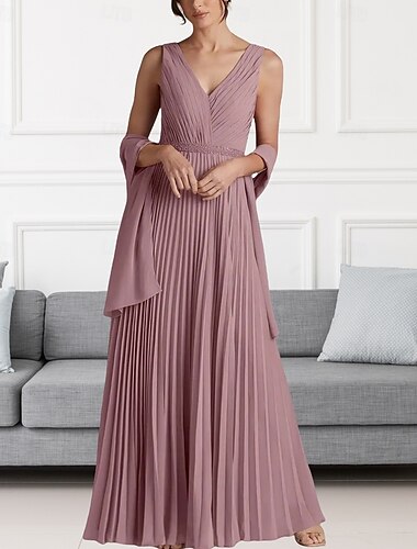  A-vonalú Anyósruha Esküvői Vendég Elegáns V Nyakú Padlóhosszú Chiffon Ujjatlan Bevonó Részlettel Gyöngyözött Ráncolt Részletekkel
