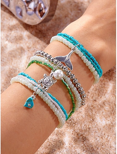  Juego de pulseras de cuentas de cola de tortuga y ballena para mujer, joyas inspiradas en el océano con detalles de perla, turquesa y plata, perfectas para la playa, el verano y el estilo bohemio.