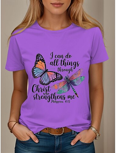  Women's T Shirt Graphic Butterfly Letter Vintage Stylish Classic Short Sleeve Crew Neck Regular Tops Daily Weekend Print White Blue Purple Summer Spring