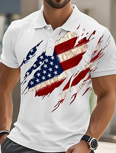  Jour de l'Indépendance Américaine Homme Drapeau Américain Polo Manche Courte Polos Chemises à Col Occasionnel Extérieur Tenue quotidienne Impression 3D Été Blanche Rose Claire Bleu