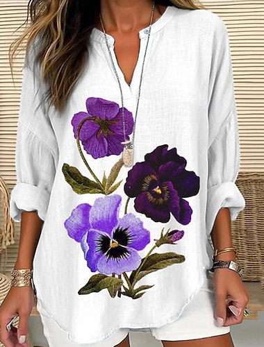  Damen Hemd Blume Täglich Stilvoll Basic Langarm V Ausschnitt Normale Oberteile Täglich Ferien Druck Weiß Lavendel Purpur Frühling Herbst