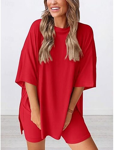  Damen Mode Streetwear Täglich Shorts-Sets Kurzarm Rundhalsausschnitt Einfarbig Lässig Täglich Schwarz Weiß Rote Sommer Lässiger Schnitt