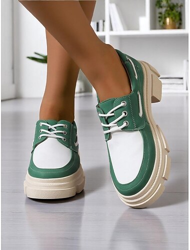  Plateauschuhe im Oxford-Stil für Damen – trendiges grün-weißes Farbblockdesign mit dicker Sohle, ideal für den Weg zur Arbeit und den legeren Büroalltag