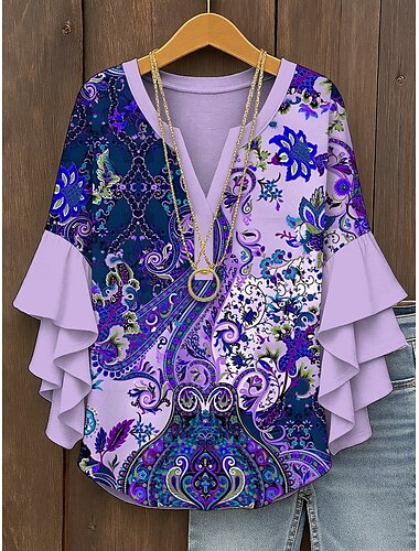  Women's Retro Blouse Layered Ruffle Sleeve Tops Vintage Floral Graphic Paisley Bohemia Vintage Daily 3/4 Length Sleeve V Neck Regular Tops Daily Holiday Vacation Wear Print Red Blue Purple Green