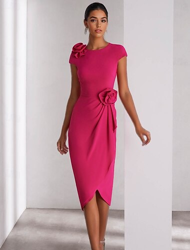  Rosa Søyle Cocktail Kjoler Elegant Formell Bryllups gjest Ankellengde Kort Erme Crew Hals Stretch Krepp med Skulderblomst