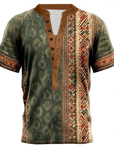  Homme Tribal Ethnique T-shirt Chemise Henley Manche Courte Designer Basique Ethnique Extérieur Occasionnel Quotidien Été Vert Kaki Gris Henley T-shirt Henley