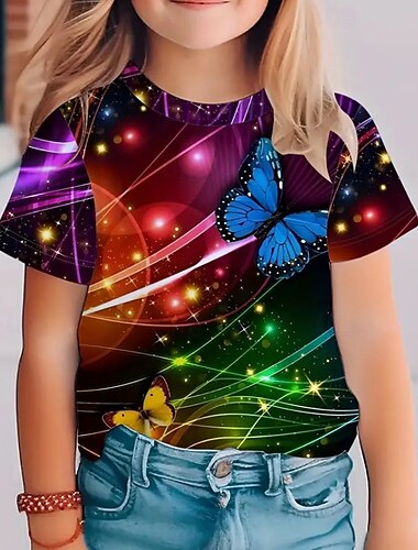  Дети Девочки Футболка Бабочка на открытом воздухе С короткими рукавами Crewneck Уличный стиль 4 года + Лето Черный Красный Синий