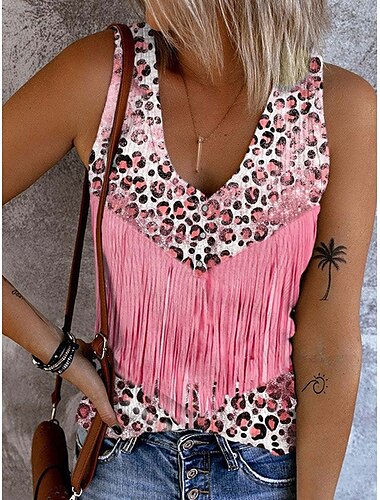  Dam Camisole linne Leopard Färgblock Stylish Ledigt Ärmlös Ärmlös V-hals Crop Tops Dagligen Mönster Rodnande Rosa Blå Sommar Vår