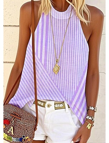  Damen Bluse Grafik Gestreift Stilvoll Lässig Ärmellos Rundhalsausschnitt Hoher Ausschnitt Normale Oberteile Täglich Druck Rosa Blau Purpur Grün Sommer Frühling