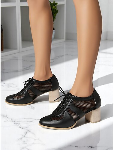  Oxford-Schuhe mit Blockabsatz und Schnürung aus Mesh für Damen – atmungsaktive Büro-Absätze im Vintage-Stil, ideal für die Arbeit, den Weg zur Arbeit im Frühling, Retro-Outfits und zwanglose Treffen
