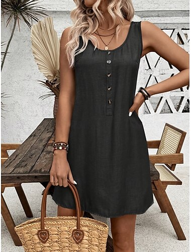  Damen Mini Kleid Sommer Kleid einfarbig lässig täglich reguläre Passform Grafik ärmellos U-Ausschnitt Schwarz Marineblau Blau Sommer