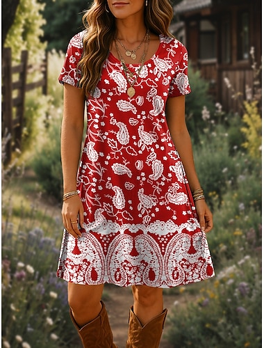  Dames Mini-jurk T shirt jurk A lijn jurk Zomerjurk Casual Dagelijks Normale pasvorm Bloemig Grafisch Paisley Korte mouw Ronde hals Rood blauw Bruin Groen Zomer Lente