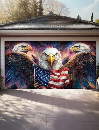  4. Juli Türdekorationen Garagentürabdeckung Amerikanische patriotische Adler Außenbanner Großes Hintergrundbild für Feiertags-Außengaragentüren Hauswanddekorationen