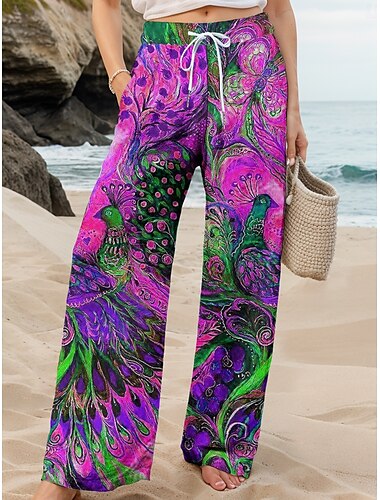  Damen Weites Bein Chinos Baggy-Hosen Urlaub Vintage Mode Volle Länge Hohe Taille Blumen Grafik Pfau Drucken Atmungsaktiv Weich Mikroelastisch Formell Outdoor Urlaub Rubinrot Rubinrot Gelb Purpur