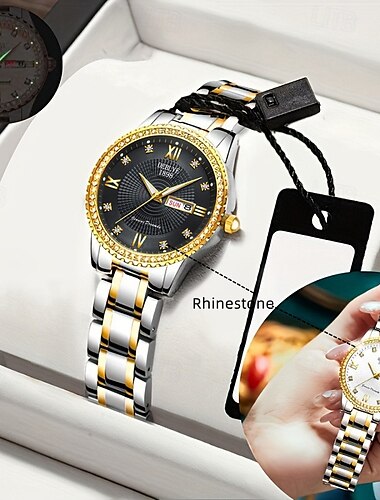  El nuevo reloj de cuarzo luminoso con pulsera de acero y calendario doble con incrustaciones de diamantes para mujer es un reloj de pulsera deportivo simple y versátil.