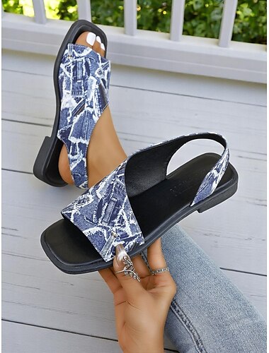 Dames peeptoe sandalen met blauwe abstracte denimprint – artistieke slingback sandalen voor zomervakanties, resort- en casual outfits