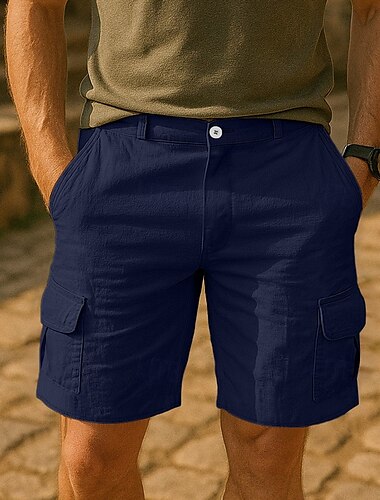  Herren Cargo-Shorts Leinenshorts Sommershorts Strandshorts Mehrere Taschen Gerader Schnitt Einfach Komfort Atmungsaktiv Knielang Outdoor Lässig Täglich Mode Streetwear Weiß Marineblau