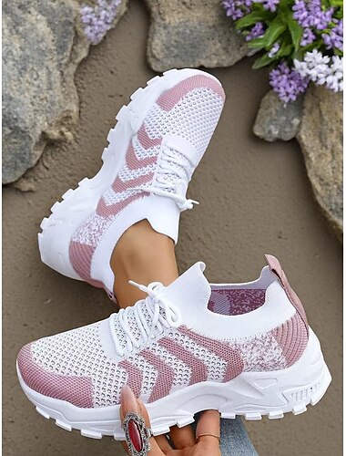  Damesneakers med chunky sål og åndbarhed – strikket mesh-overdel, moderne sportsstil, til gåture, fitnesscenter, rejser og hverdagsafslappet