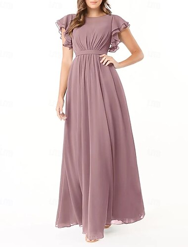 A-Linie Brautjungfernkleid Rundhalsausschnitt Langarm elegant bodenlang Chiffon mit Falten / Rüschen 2025