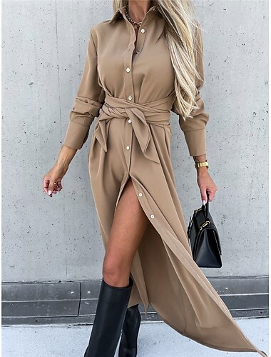  Mujer Vestido Midi Vestido de Columpio Elegante Casual Moldeado al Cuerpo Plano Manga Larga Escote en Pico Negro Rojo Verde Trébol Caqui Primavera Otoño Invierno