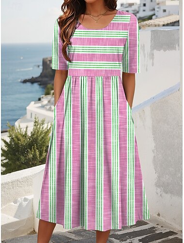  Damen Midikleid Sommerkleid Faltenkleid Urlaub Lässig Ferien Lässiger Schnitt Grafik Gestreift Halbarm Rundhalsausschnitt Rosa Blau Grün Sommer