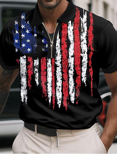  4 ביולי 2026, ה-250 בגדי ריקוד גברים דגל ארה"ב האמריקני זיפ פולו שרוולים קצרים חולצות פולו צווארון מתקפל יום יומי קז'ואל קזו'אל לרכוס הדפסת תלת מימד קיץ שחור