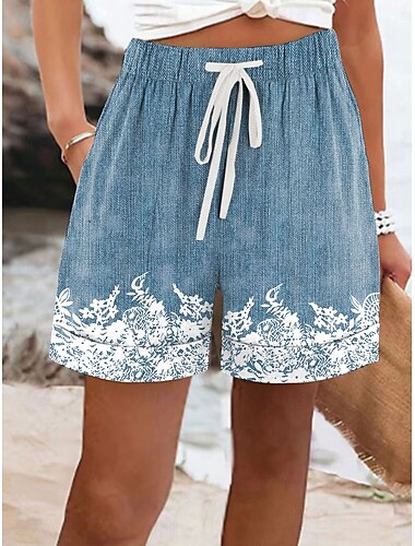  Pantalones Cortos de Mujer Chinos Vacaciones Vintage Estilo Étnico Cortos de Cintura Alta Estampado Azul Morado Verde Gris Verano Primavera