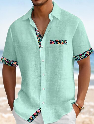  Herren Hemd Leinenhemd Sommerhemd Strandbekleidung Knopfhemd Einfarbig Urlaub Kreuzfahrt Schwarz Rosa Grün Leicht Blau Kurzarm Kragen Sommer Frühling & Sommer Bekleidung Farbblock