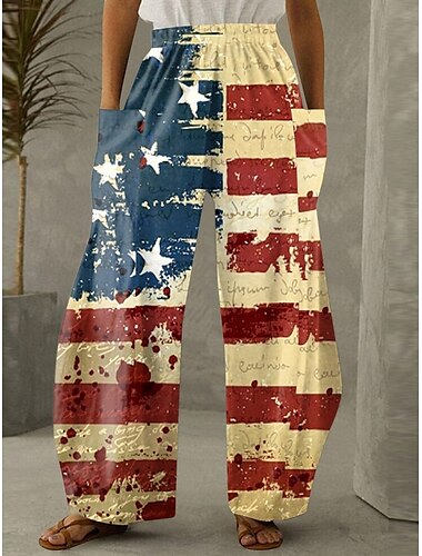  Unabhängigkeitstag Frauen Weite Beinform Chinos Urlaub Mode Streetwear Vollständig Hoch Taillenhose Flaggen-Tasche Elastischer Bund Druck Bequem Weich Komfortabel Mikro-elastisch Outdoor
