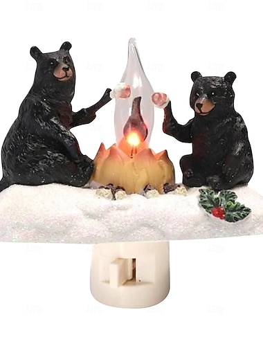  Luz nocturna enchufable, presenta 2 osos asando malvaviscos alrededor de una fogata con llama parpadeante, 4.5 pulgadas